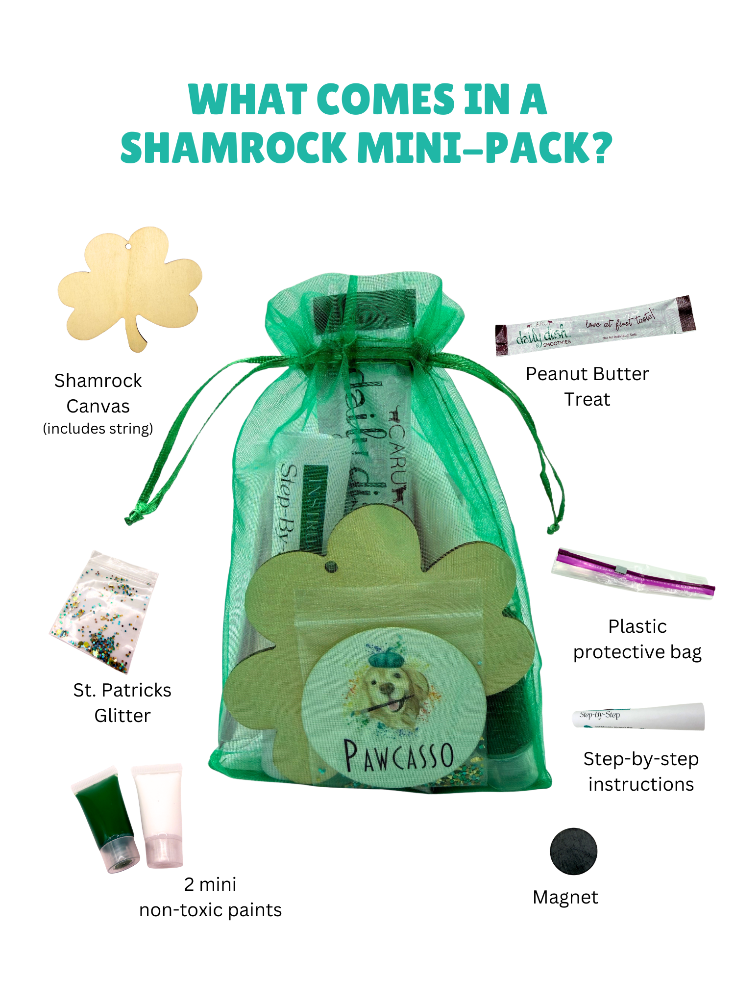 Pawcasso Shamrock Mess Free Dog Painting Activity Kit Components